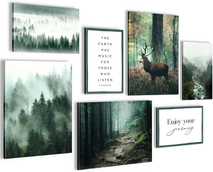 Novart Wandbilder Wald Hirsch - KOMPLETT AUFHÄNGFERTIG - Natur Grün Wohnzimmer Schlafzimmer- 7 Moder
