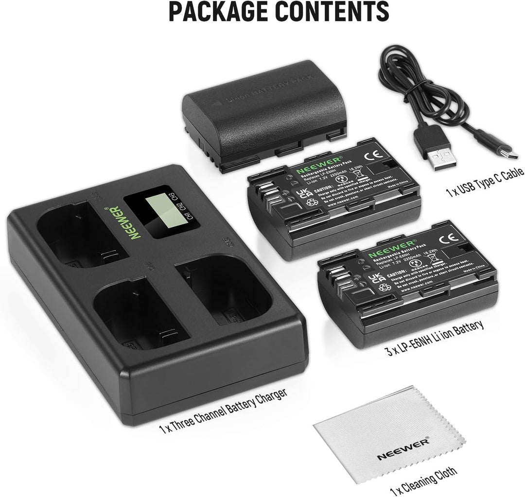 NEEWER LP-E6NH Ersatz Akku und USB Ladegerät Set, 3er Pack 2250mAh Ersatz für LP-E6NH Akku &amp; Triple