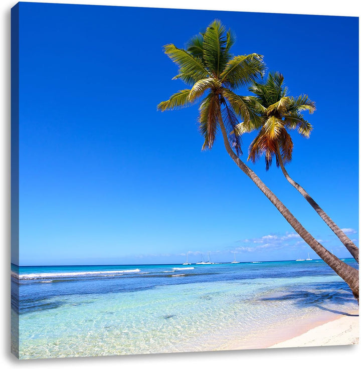 Palmen am Strand, Format: 70x70 auf Leinwand, XXL riesige Bilder fertig gerahmt mit Keilrahmen, Kuns