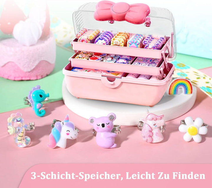 3 Etagen Schmuckbox Kinder, Haarschmuck Aufbewahrung rosa mit transparentem Deckel, 180 Grad Öffnung