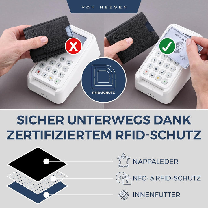 VON HEESEN Slim Wallet mit XL Münzfach &amp; RFID-Schutz - Leder Geldbeutel - Mini Geldbörse für Herren