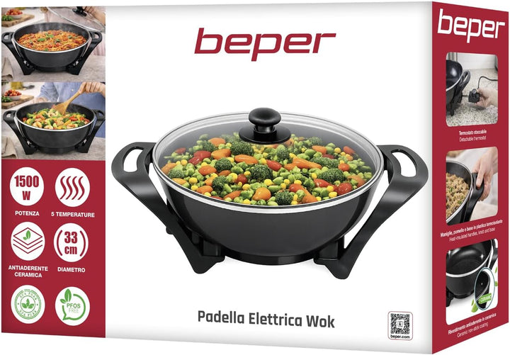 BEPER P101COS100 Elektrischer Wok, 33 cm, 1500 W, Antihaft-Keramik-Wok mit einstellbarem Thermostat,