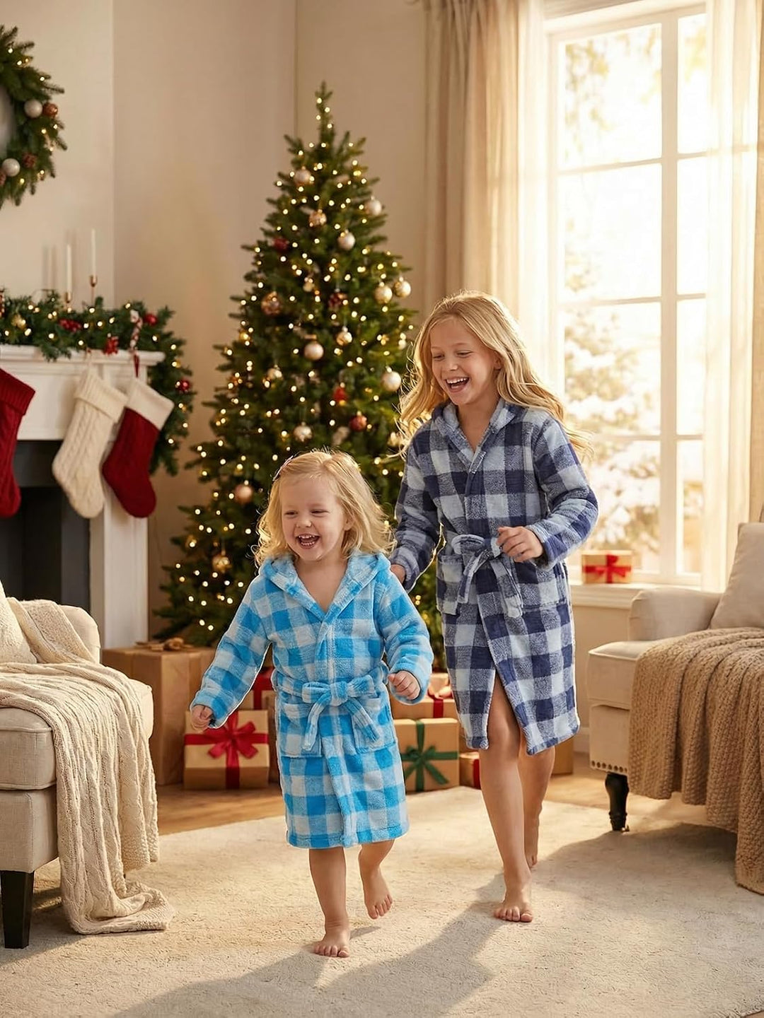 JiAmy Kapuzen Bademantel für Mädchen Flauschiger Fleece Plüsch Langer Schlafmantel Kinder Blau 10-12