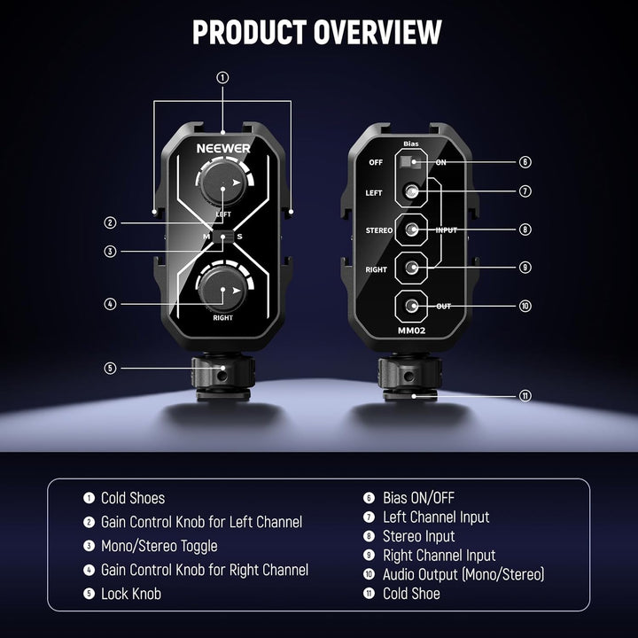 NEEWER MM02 Zweikanal Mikrofon Audiomixer Adapter mit 3,5mm TRS Kabel, Stereo und Mono Schalter, Col