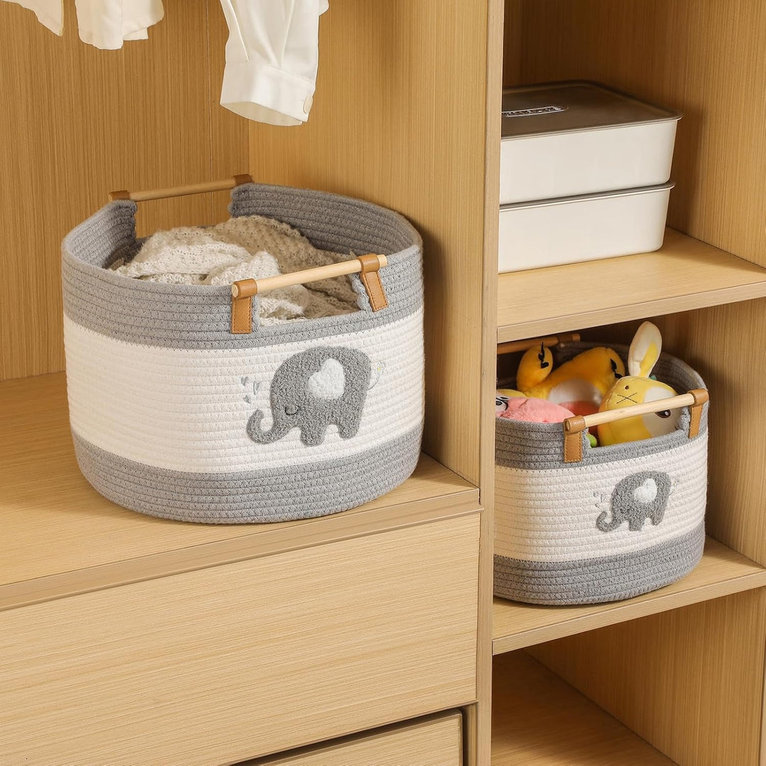 Grosser Aufbewahrungskorb aus Baumwollseil, kleiner Elefant besticktes Muster, Grosser Deckenkorb 35