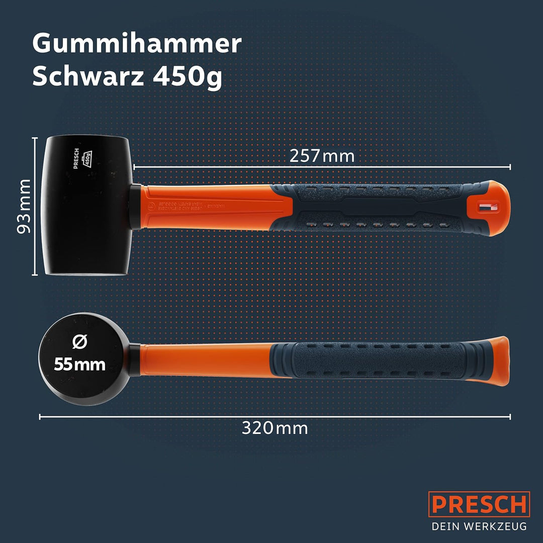 Presch Gummihammer Schwarz 450g - Hartgummihammer mit Fiberglasstiel | ⌀=55mm - Schwarzer Naturkauts