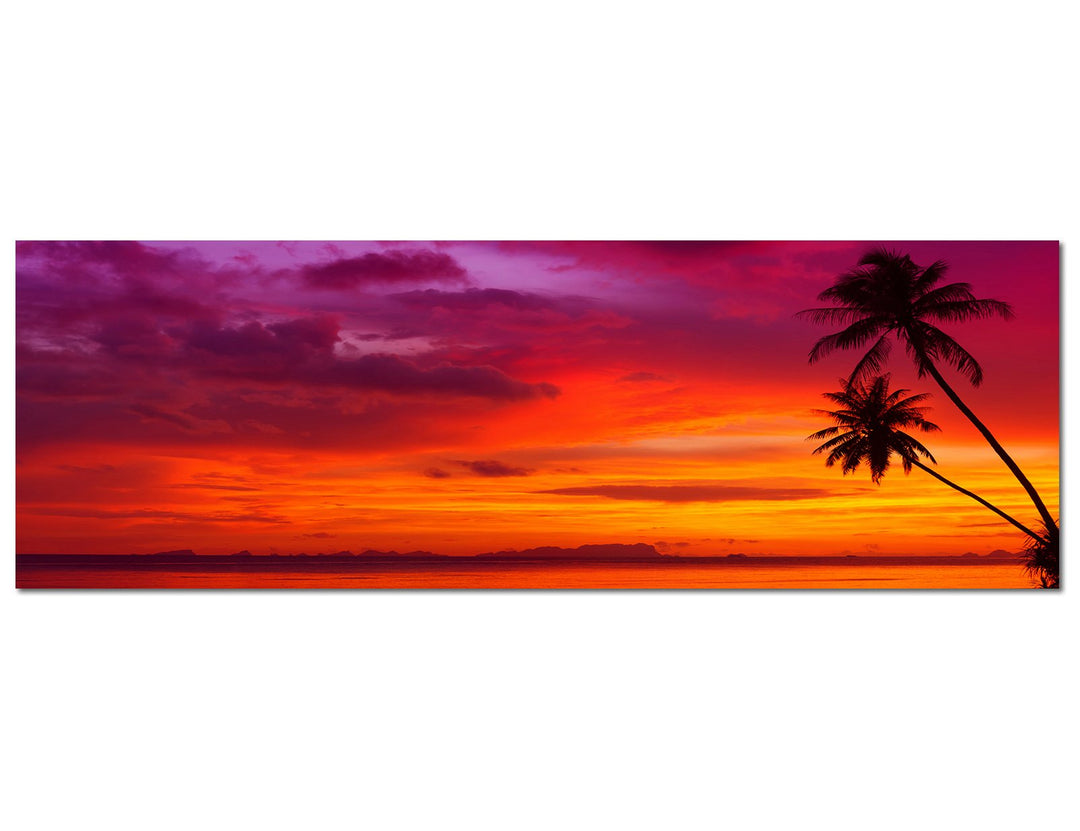 Panoramabild auf Leinwand und Keilrahmen 120x40cm Strand Meer Palmen Sonnenuntergang
