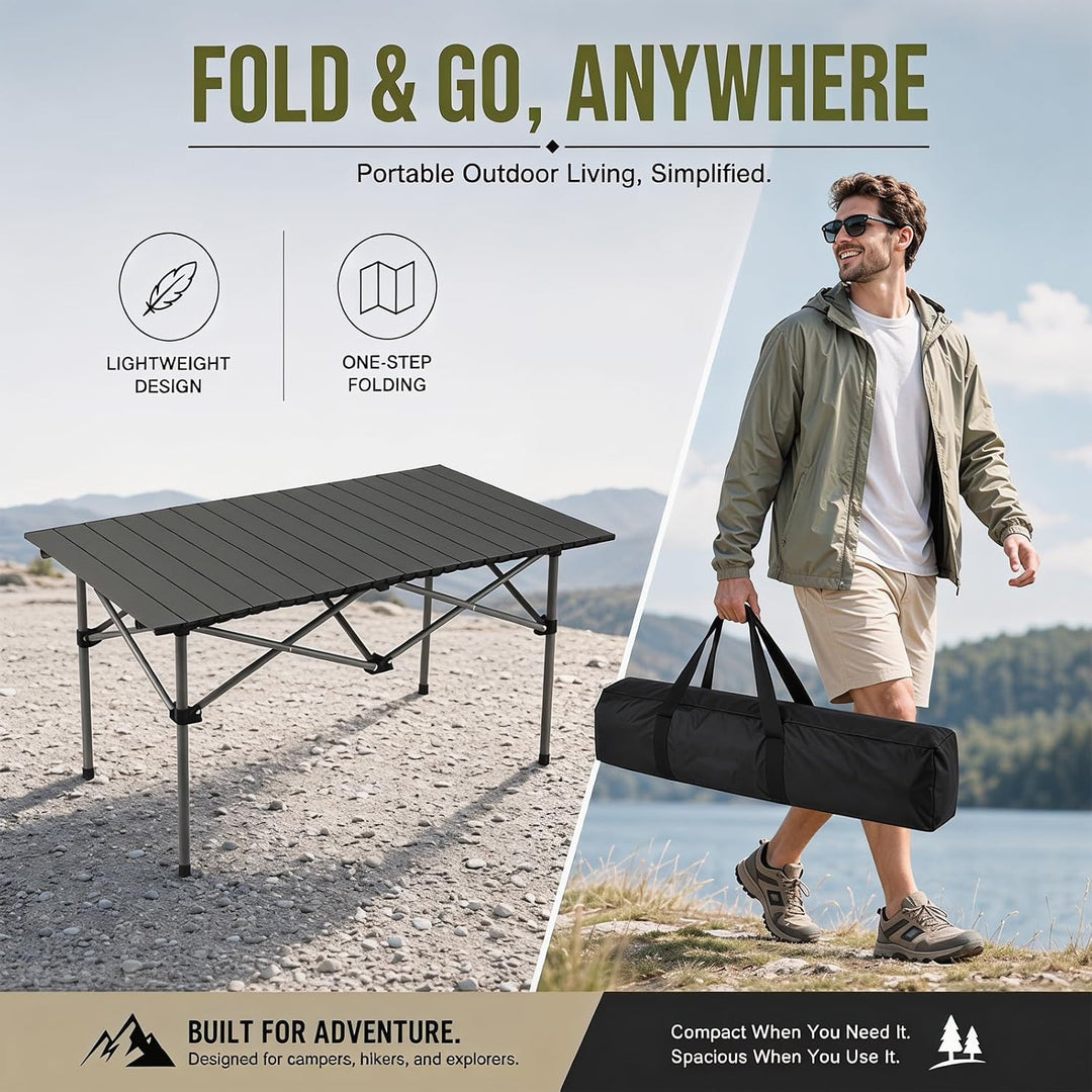 Campingtisch faltbar – Rolltisch mit aufrollbarer Tischplatte, tragbarer Klapptisch aus Stahl inkl.
