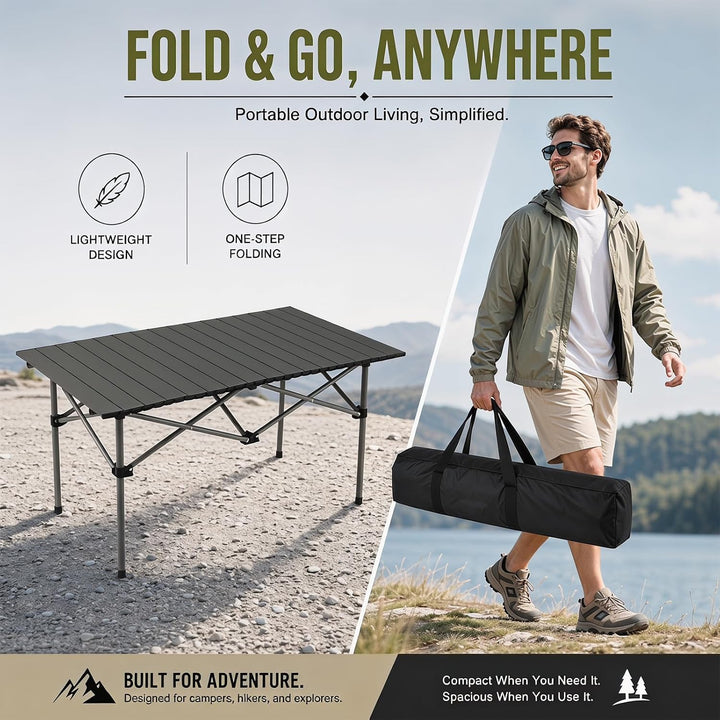 Campingtisch faltbar – Rolltisch mit aufrollbarer Tischplatte, tragbarer Klapptisch aus Stahl inkl.