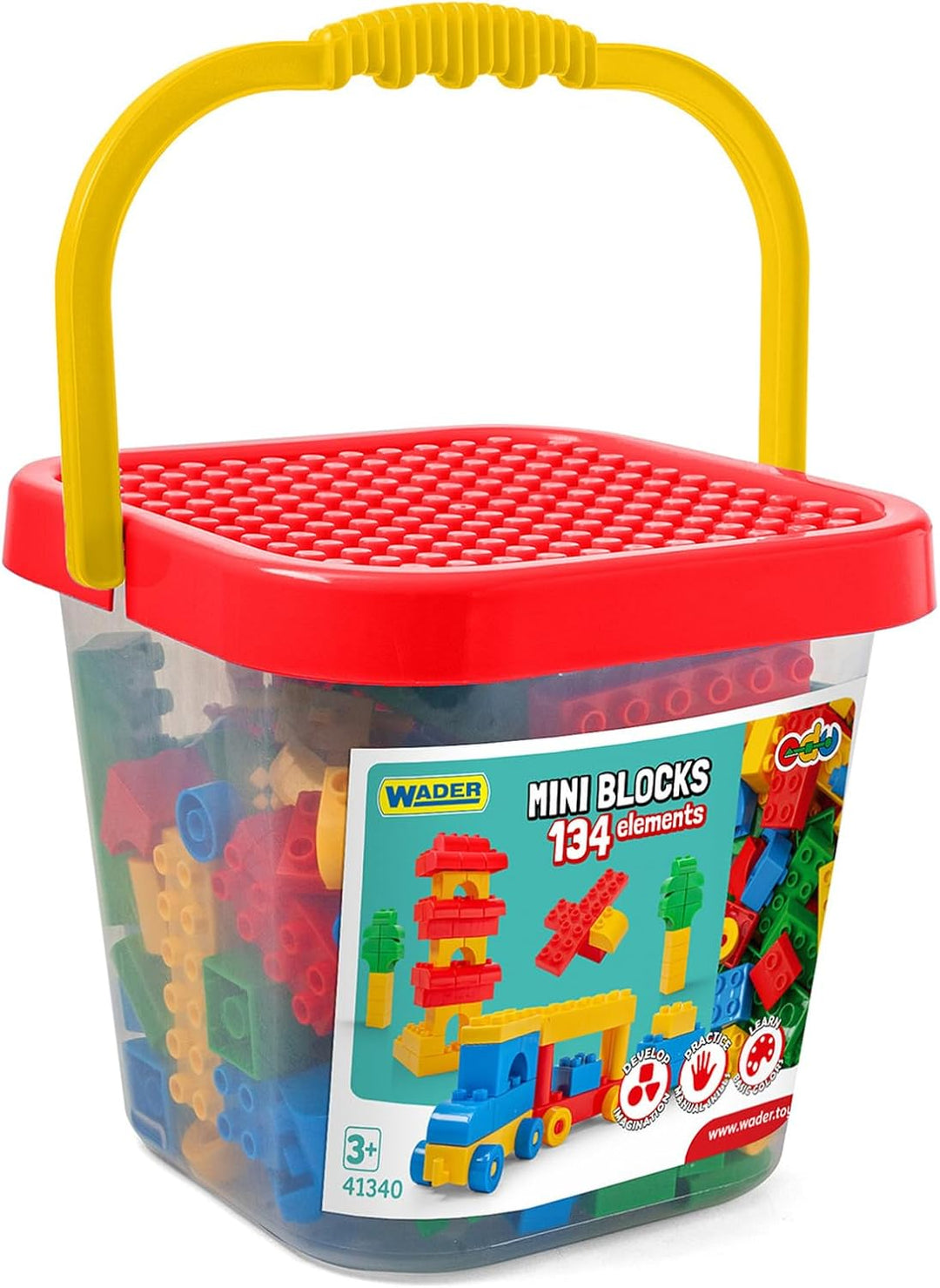 Wader 41340 - Mini Blocks Bausteine im grossen Eimer, 134 Bausteinen und Spieldeckel, für Kinder ab