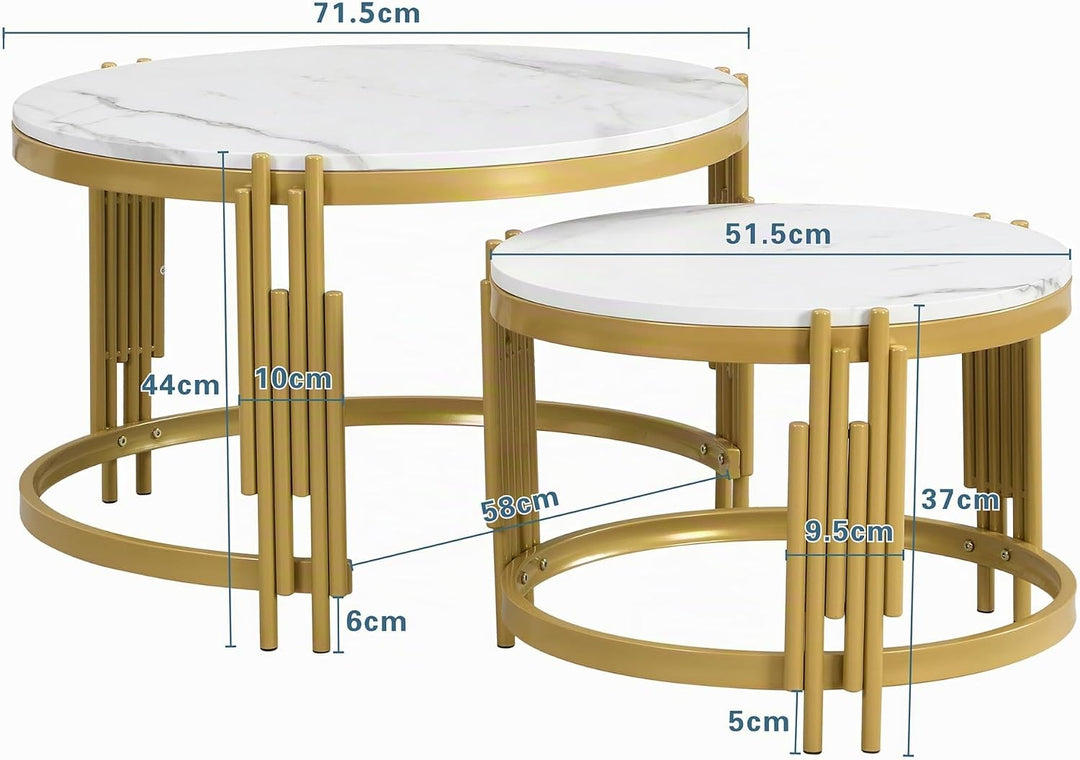 Merax Rund Couchtisch Set, 2-in-1 Nesting Couchtisch Satztisch, in Marmoroptik, Goldener Metallrahme
