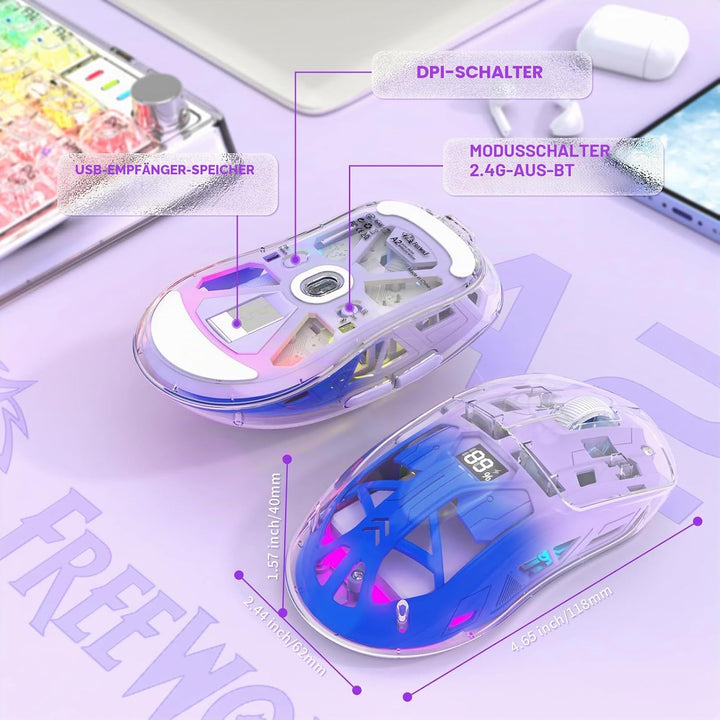 ZIYOU LANG x FREEWOLF Kabellose Gaming Maus, PixArt PAW3212 Dual Mode 2.4G/Bluetooth Transparente RG
