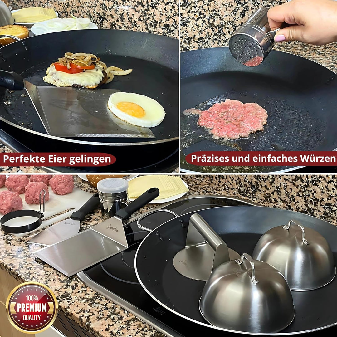 Smash Burgerpresse Edelstahl Set: Burger Smasher mit Grillspachtel 13 cm, Schaber 10 cm, 2 Burgerglo
