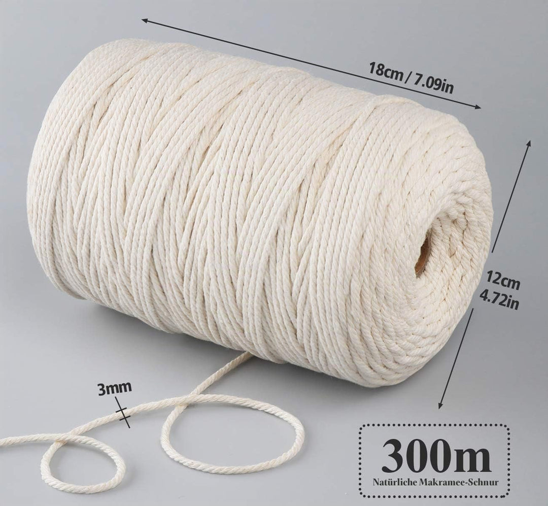 Makramee Baumwolle Garn 3 mm x 300 m Natürliche Baumwollgarn, Beigefarbenes Kordelseil für DIY Handw