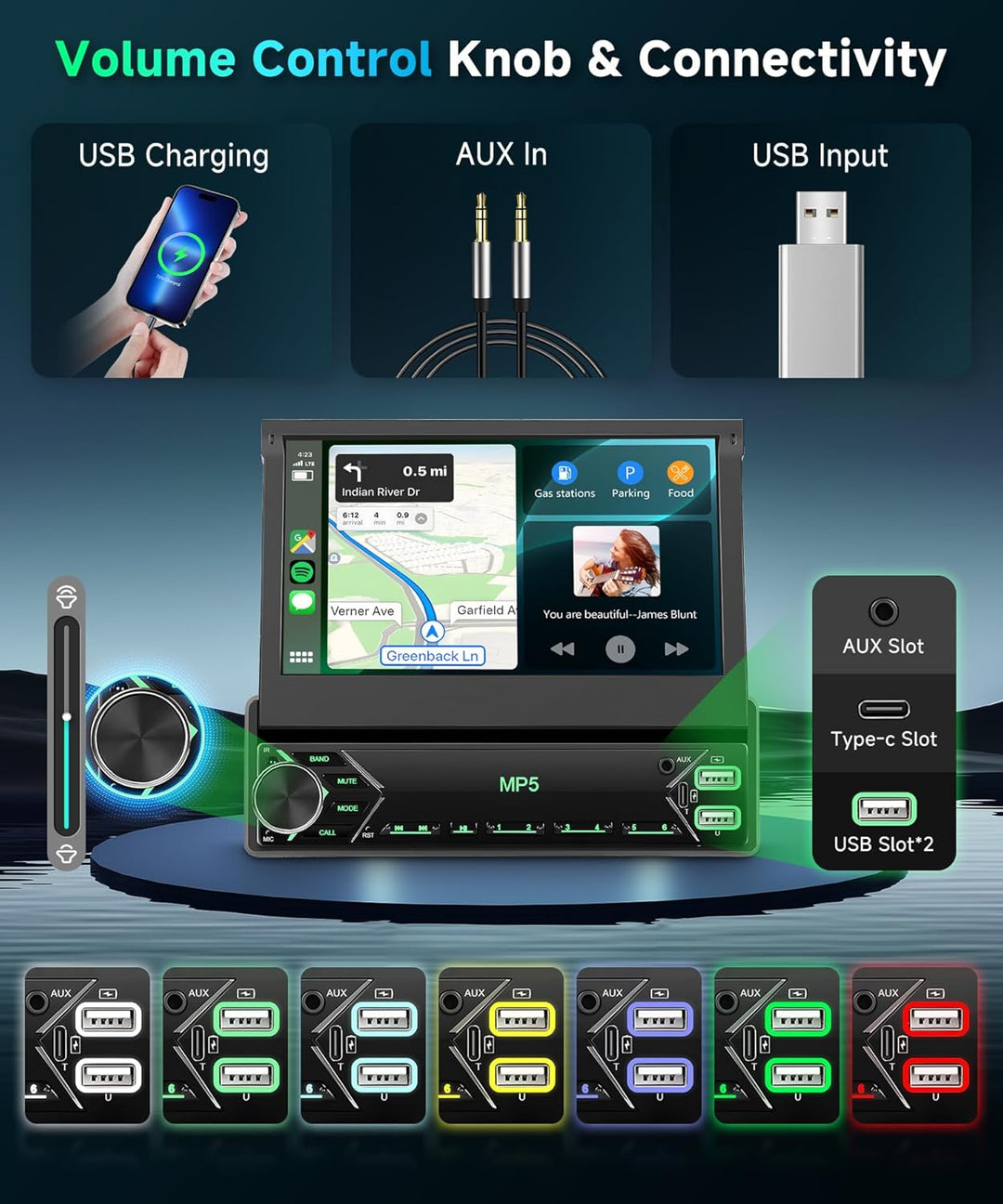 7 Zoll Flip Out 1 Din Autoradio mit DAB Wireless Carplay Android Auto, Podofo 1 Din Touchscreen Blue