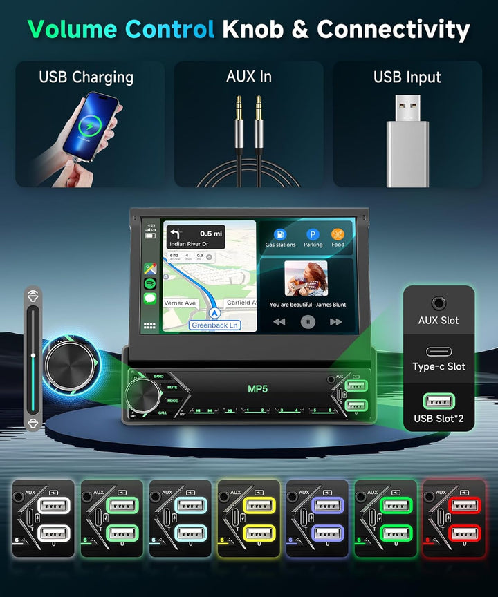 7 Zoll Flip Out 1 Din Autoradio mit DAB Wireless Carplay Android Auto, Podofo 1 Din Touchscreen Blue