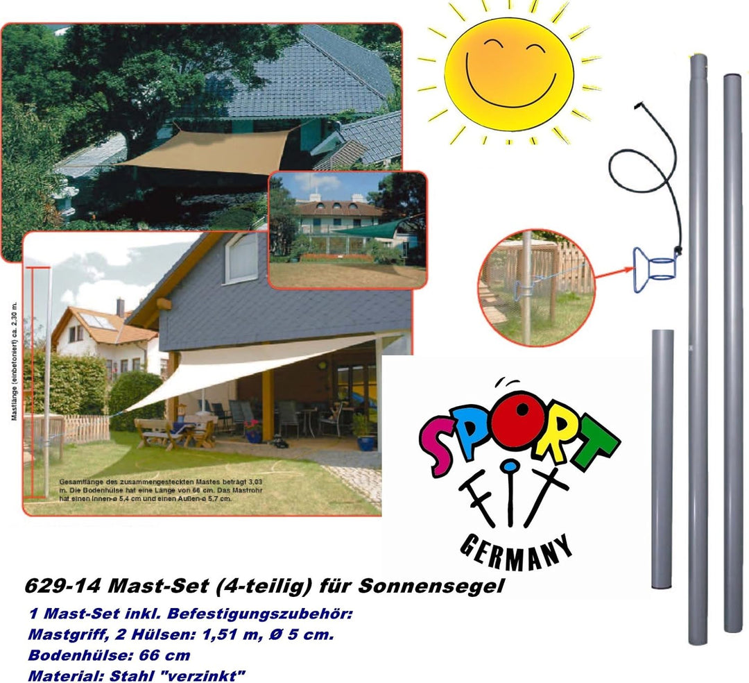 Sonnensegel Stahlmast-Set 2,5m hoch, 5tlg. Mast Segel Silber Mast-Set (4-teilig), Silber Mast-Set (4