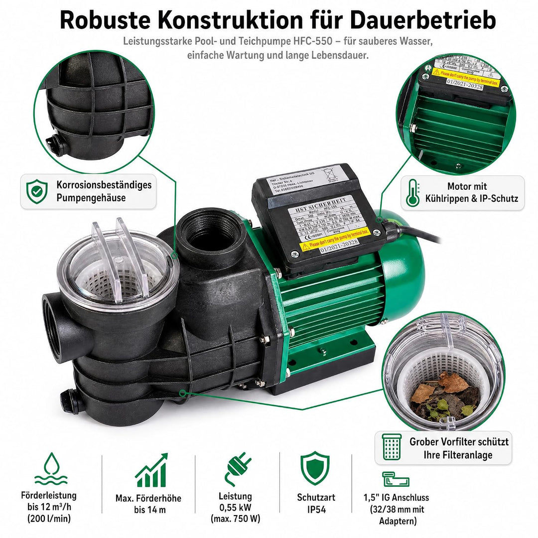 HST Leis Poolpumpe 12m3, 12000 Liter/Std, 550 W I Erweiterbare Filterpumpe mit geringer Energieaufna