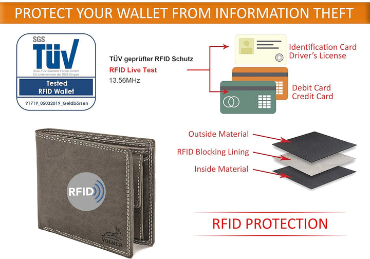 Fa.Volmer ® Leder Geldbörse Herren mit RFID-Schutz - extra-stabile Doppelnaht - 6 Fächer für Kreditk