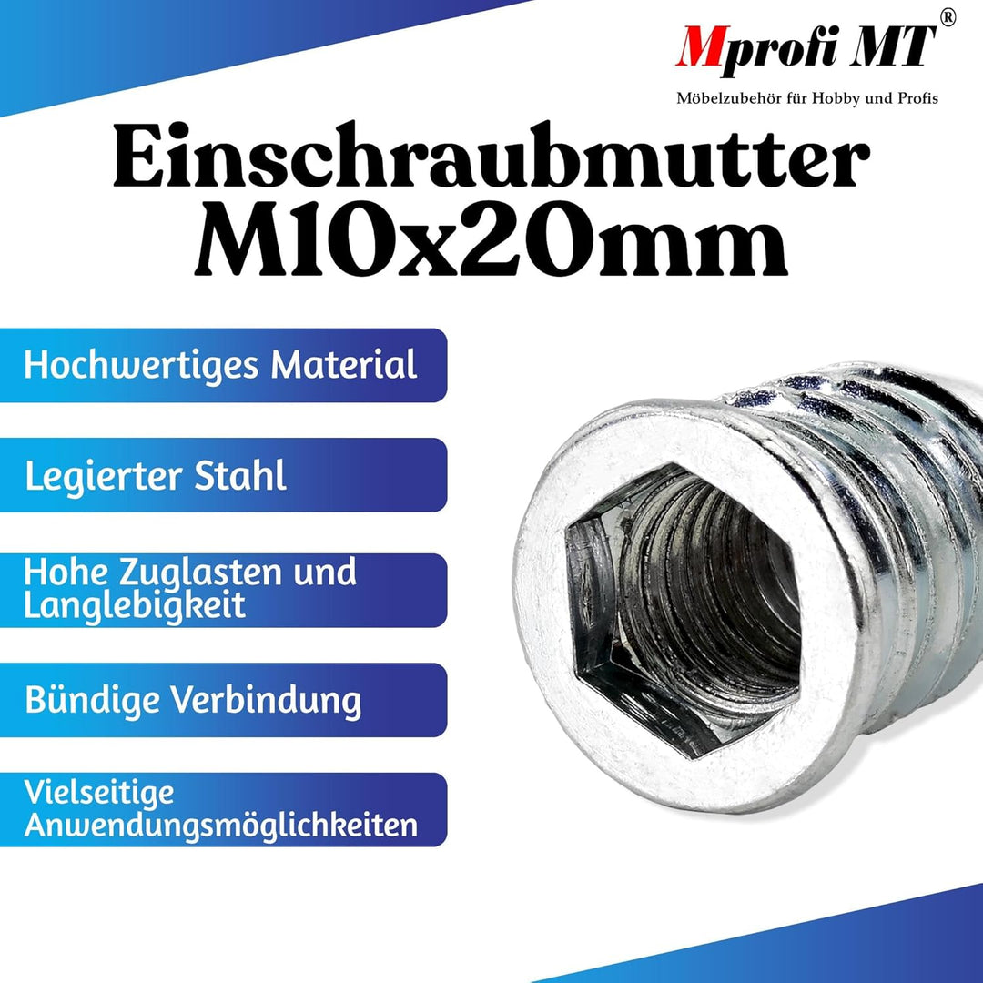 50 X Mprofi MT® Einschraubmutter-Einschraubmuffen-Innensechskantmuttern-Einschraubmutter-Gewindemuff