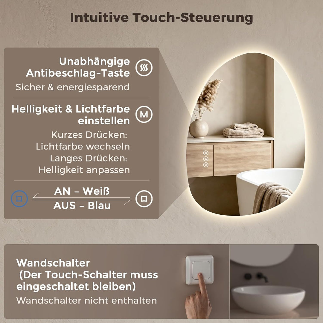 S'AFIELINA Spiegel mit Beleuchtung Asymmetrischer LED Badspiegel 85 × 50 × 2,5 cm (H × B × T) mit To