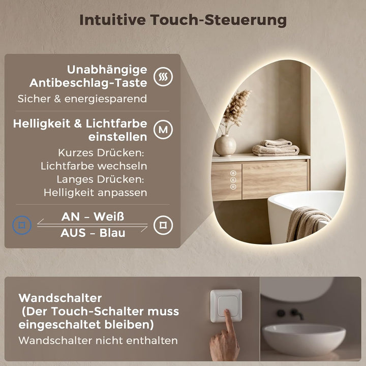 S'AFIELINA Spiegel mit Beleuchtung Asymmetrischer LED Badspiegel 75 × 55 × 2,5 cm (H × B × T) mit To
