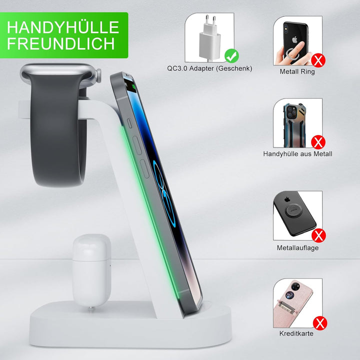 Kabellose Ladestation,Wireless Charger 3 in 1 induktive Kabelloses Ladegerät Mit 18W Adapter,kompati
