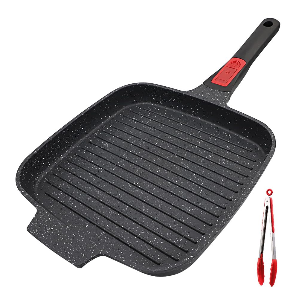Grillpfanne Induktion mit Abnehmbarer Griff, 24 cm Steakpfanne Antihaft Beschichtet Aluminium Grill