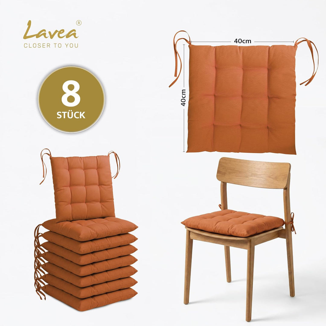 Lavea® Sitzkissen &amp; Stuhlkissen 40x40 cm – 8er Set – mit Stoffbändern – Outdoor &amp; Indoor – waschbar