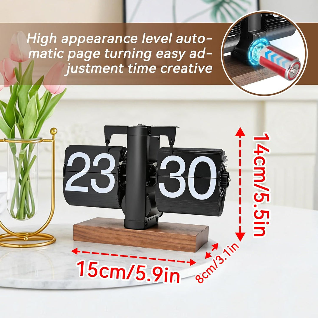 Tischuhr Vintage Retro Flip Uhr, Schwarz Retro-Flip-Down-Uhr Mit GrossEn Ziffern &amp; Holzunterlage, 24