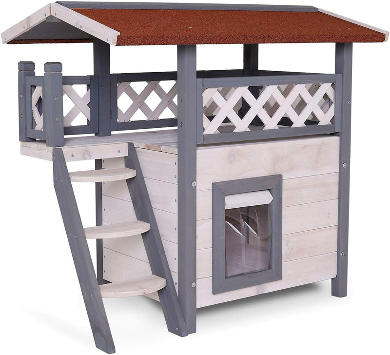 lionto Katzenhaus Lodge Holz für Katzen mit Terrasse und Treppe 77x50x73 cm, grau/weiss, Grau/Weiss