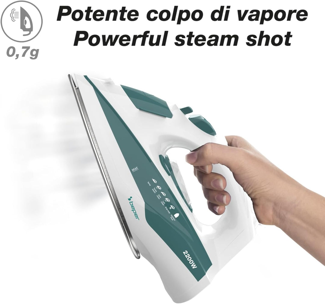 BEPER P204FER005 SteamPro 300 Dampfbügeleisen – Stahlsohle, 300-ml-Wassertank, 2200 W – Dauerdampf 2