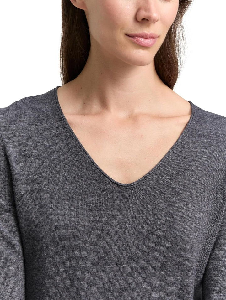 TOM TAILOR Damen Basic Strickpullover mit V-Ausschnitt XS 30281 - Evident Anthracite Melange, XS 302