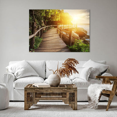 Bilder auf Leinwand 100x70cm Leinwandbild mit Rahmen Brücke Meer Welle Gross Wanddeko Bild Schlafzim