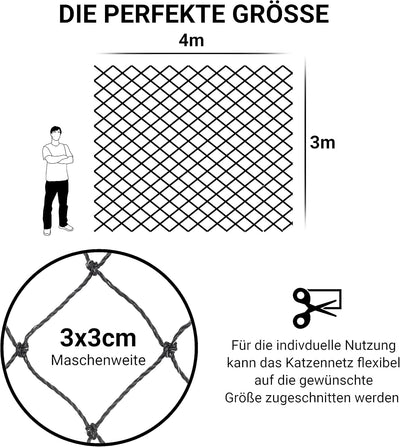 FinoPet Katzennetz für Balkon drahtverstärkt 4x3 Meter inklusive Befestigungsmaterial, Katzenschutzn