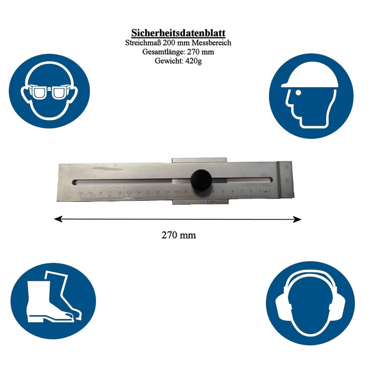 WRS Präz.-Streichmass, mattverchromt, gelaserte Skala, mm-Teilung, Anreisskante gehärtet (200 mm Mes