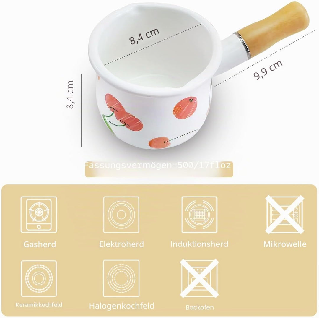 Emaillemilch Pfanne, Mini -Butter -Hitze 4 Zoll 17 Unzen Email Topf kleines Kochgeschirr mit Holzgri