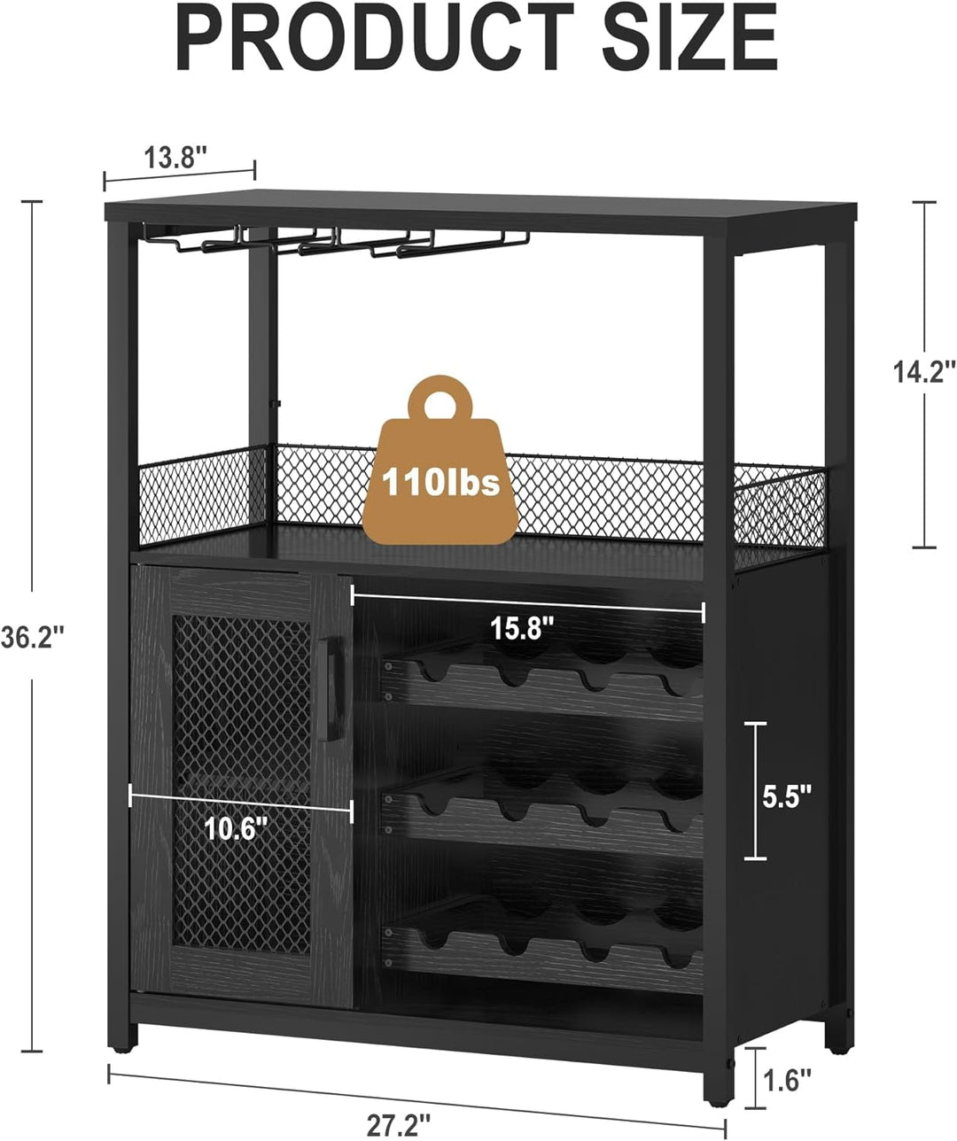 GarveeHome Weinschrank Industrial Mit Verstellbarem Weinregal Und Glashalter, Getränkeaufbewahrung F