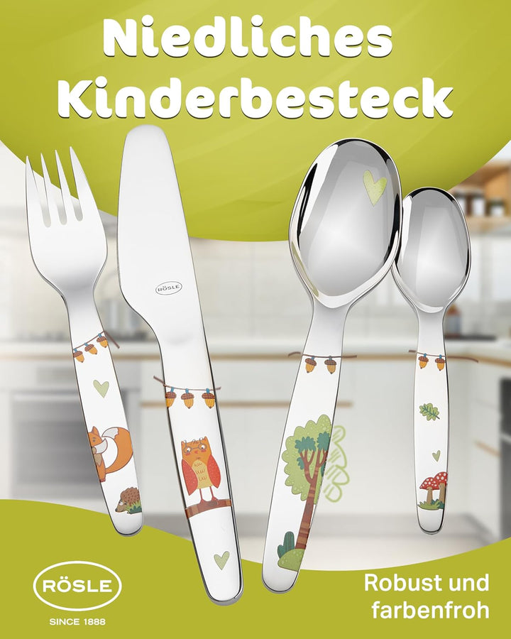 RÖSLE Kinderbesteck "Waldfreunde", 4-teilig, ab 3 Jahren, Edelstahl 18/10, Spülmaschinengeeignet, Wa