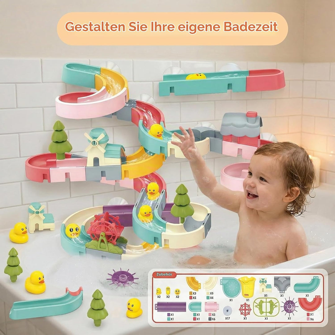 72-TLG. Wasserrutschen-Set Badewannenspielzeug, DIY BAU- &amp; Wasserspiel mit Saugnäpfen, Drehendem Win