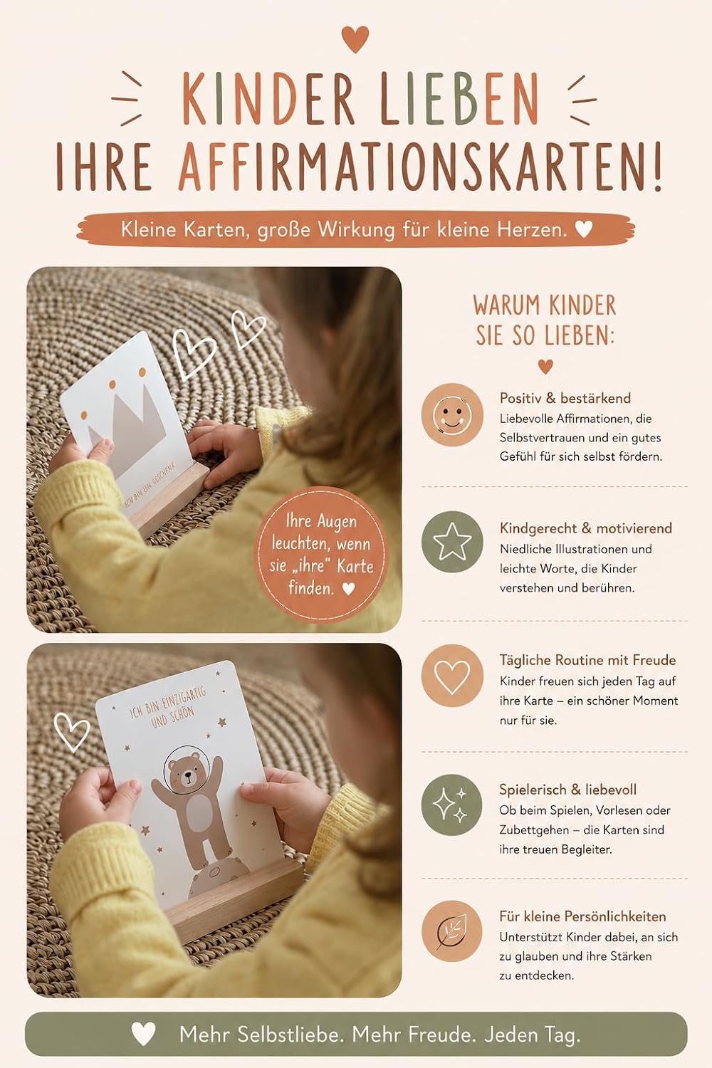 The Life Barn Affirmationskarten für Kinder mit Holzaufsteller – 30 Achtsamkeitskarten für mehr Selb