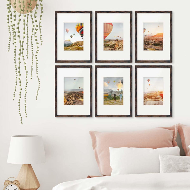 PHOTOLINI Bilderrahmen A4 Holz MDF Eiche Dunkel, 6er Set DIN A4 Bilderrahmen 21x30 cm mit Passeparto
