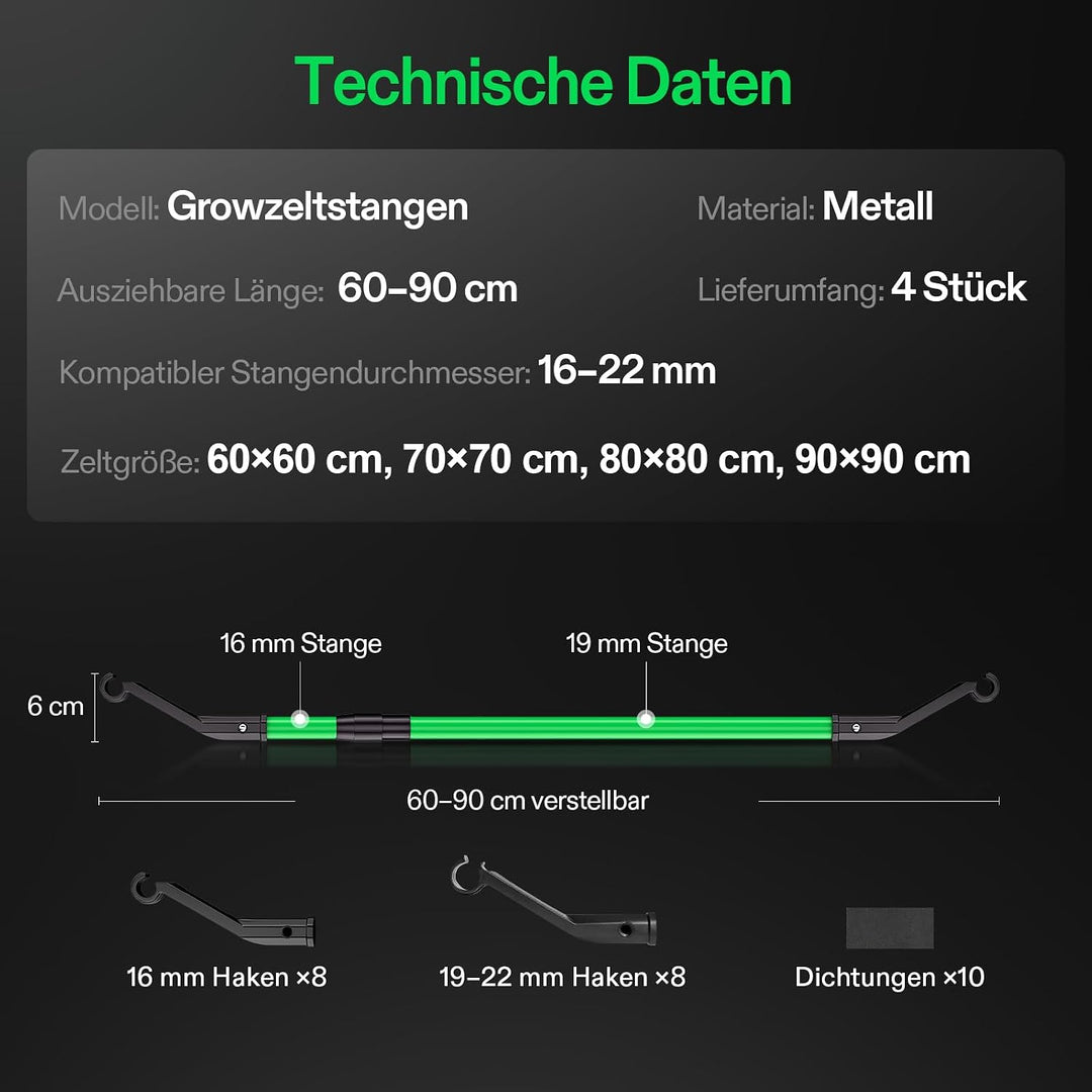 VIVOSUN High-CFM Stützstangen-Set für Growzelt, Heavy-Duty Querstreben, 60–90 cm verstellbar, hohe T