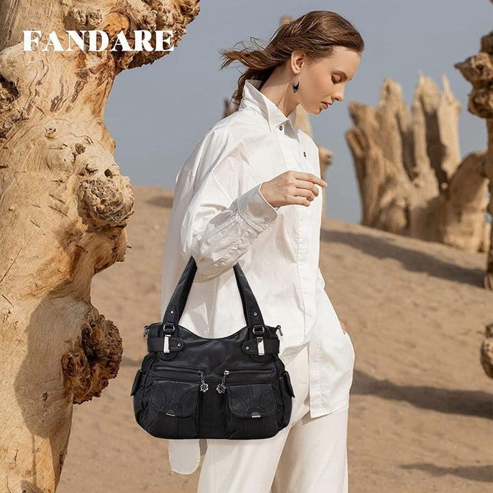FANDARE Gross Schultertasche Damen Umhängetasche Frauen Vintage Schulranzen Wasserdicht PU Leder Wom