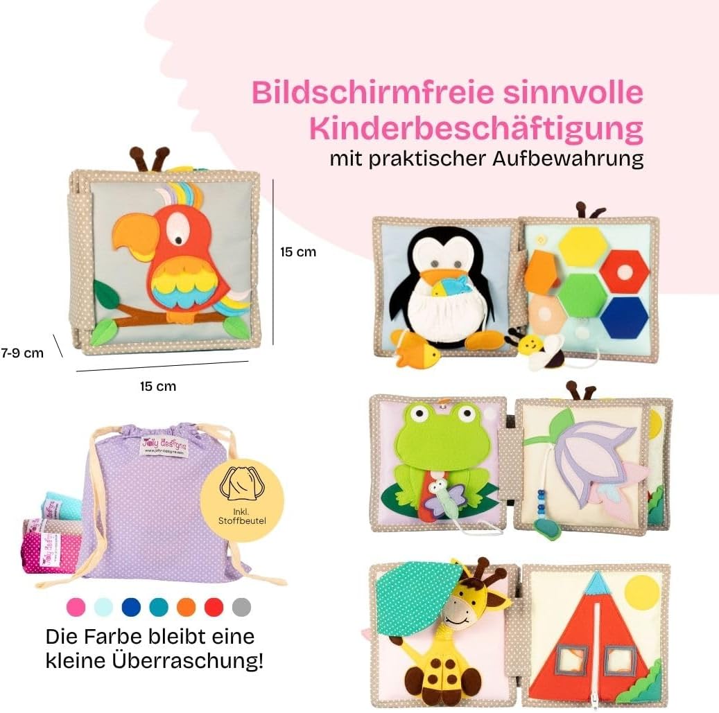 Jolly Designs – Mini Quiet Book Schillernder Papagei – Montessori Spielzeug ab 6 Monaten – Motorik &