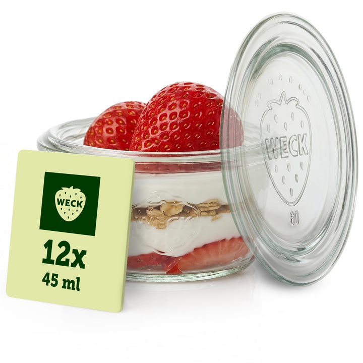 Weck Gläser 45ml – 12er Set mit Deckeln – Sturzform – robuste, stapelbare Dessertgläser, Einkoch- &amp;