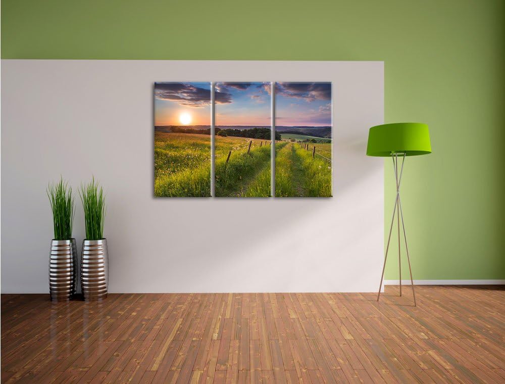 Pixxprint Bergwiese im Sonnenaufgang als Leinwandbild/Grösse: 3 Teilig (120x80) cm/Wandbild/Kunstdru
