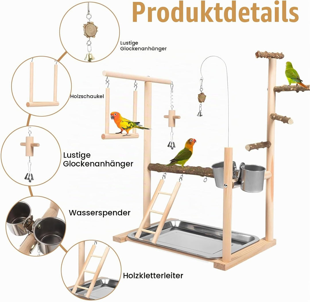 Vogel Spielplatz, Holz Wellensittich Spielplatz mit Edelstahl Futterbehälter Papagei Vogelspielplatz