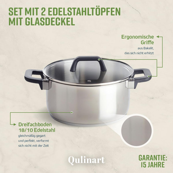 QULINART 2er-Set Kochtöpfe, antihaftbeschichtet, kratzfest, PFOA-freier Edelstahl, Bakelitgriffe, Gl