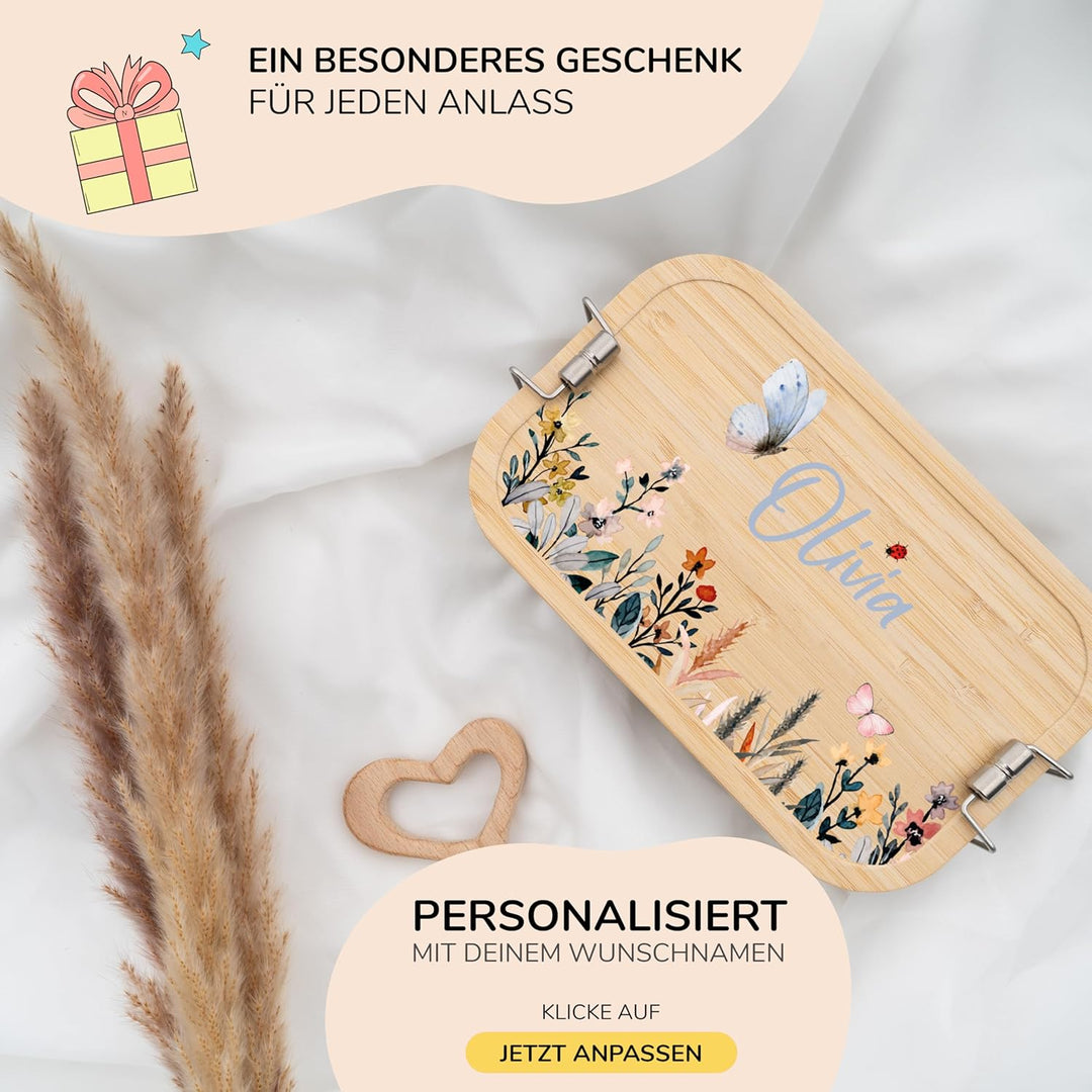 Kidsmood - Personalisierte Brotdose Kinder mit Fächern, Edelstahl Lunchbox mit Bambusdeckel | Schads